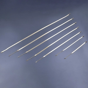 Flat gold snake bone chains in various lengths with lobster clasps and extension links