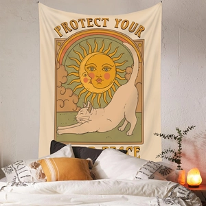 Bohemian cat tapestry with sun and moon graphics and Protect Your Energy text for bedroom