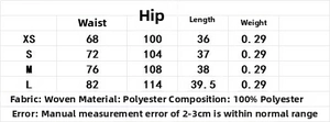 Size chart for women's denim skirt showing XS-L measurements in centimeters and fabric info