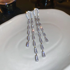 Detailed view of silver-tone tassel earrings with brilliant crystals on ceramic plate