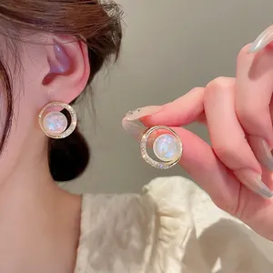 Round Hoop Earrings With Mermaid Faux Artificial Pearl And Zircon Gold Plated With 925 Sterling Silver Earring Post Elegant Fashion