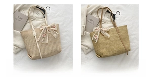 Close-up of woven straw tote bags in beige and khaki with floral lace bow details