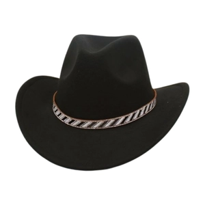 Detail of a black wool cowboy hat featuring a sparkling black and white sequined band