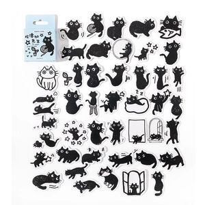 Vintage black cat box stickers set with 40 hand-drawn kitten illustrations for DIY scrapbooking