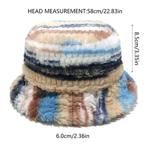Detail showing dimensions of striped plush bucket hat with a 58cm circumference