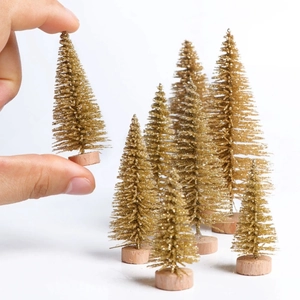 Miniature golden sisal Christmas tree with snow effect and round wooden base in various sizes