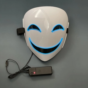 Detail of white smiling mask with blue LED EL wire and external battery controller