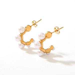 Elegant 18k gold-plated C-shaped stainless steel earrings with irregular pearl inlay