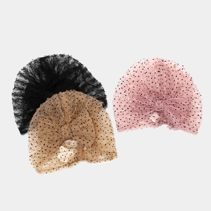 Polka dot mesh turban hats for women featuring large bows in black, beige, and pink colors