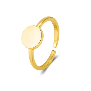 Minimalist S925 sterling silver adjustable gold ring with a round polished disc plate