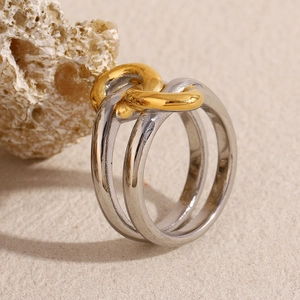 Modern bicolor 18K gold plated stainless steel knotted double layer ring for women