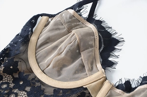 Close-up of black eyelash lace trim and sheer mesh lining on a sexy backless bra