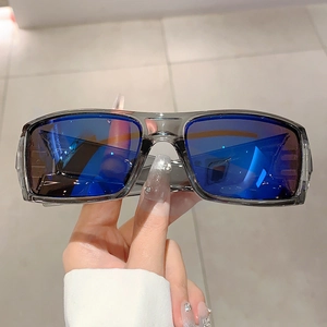 Detail of blue mirrored lenses and grey transparent frame on sports cycling sunglasses