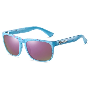Classic sport sunglasses with sky blue splash frame and purple reflective lenses