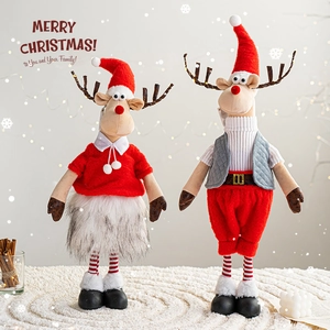 Christmas reindeer plush doll set in festive red and grey outfits for home holiday decoration