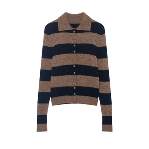 Women's Striped Knit Cardigan Polo Collar Long Sleeve Button Up Sweater Casual Streetwear Fall Winter Fashion Knitwear