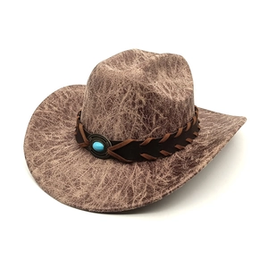 Brown western cowboy hat with vintage texture, wide brim, and turquoise stone belt detail