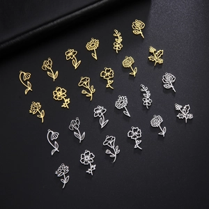 Birth Flower Pendants 18K Gold Plated Stainless Steel Hollow Floral Charms For DIY Jewelry Making Necklaces