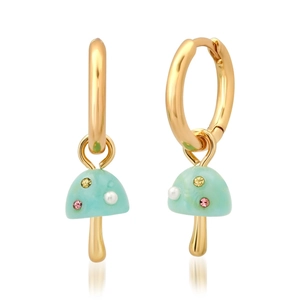Detailed view of mushroom earrings with 18k gold plating and colorful gemstones