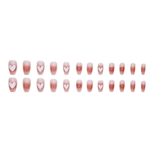 Sweet red gradient press-on nails featuring minimalist heart patterns and 24 piece set