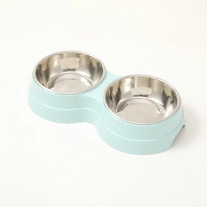 Dual stainless steel pet feeding bowls with light blue base for food and water