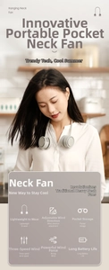 Portable neck fan with double turbine design being worn by a female model in a home setting