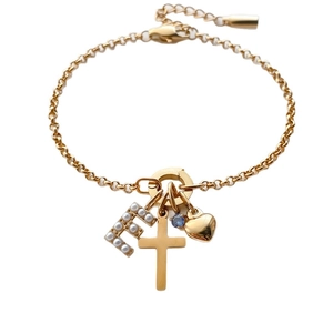 Elegante bracciale in acciaio titanio dorato con ciondoli croce cuore perla