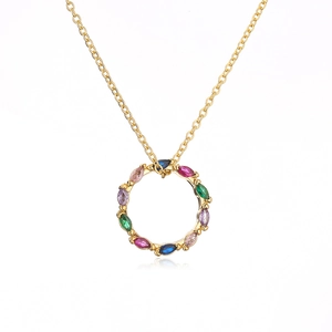 Gold pendant necklace with a circular ring featuring colorful oval zircon gemstones