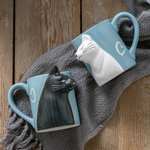 Matte Ceramic Mug 3D Relief Cat Design Heart Pattern Cute Gift For Couples Valentine Day Blue With Spoon