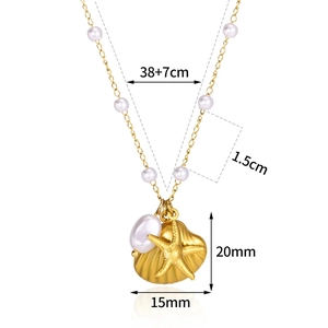 18K gold plated stainless steel necklace with shell starfish pendant and white pearls