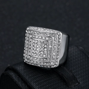 Luxurious silver square multi-layer iced out hip hop ring with cubic zirconia