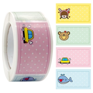 Cute cartoon name stickers roll for children with colorful car, bear, and whale designs