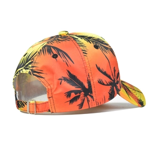 Close-up of tropical palm tree print baseball cap with adjustable metal buckle back