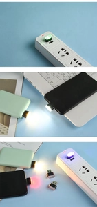 Mini USB LED light shown plugged into various power sources with multi-color illumination