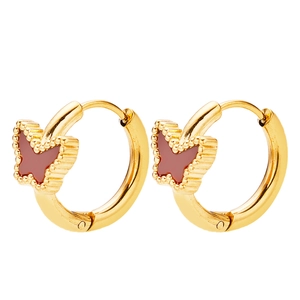 Gold-plated hoop earrings with dark red enamel butterfly pendants and beaded edges