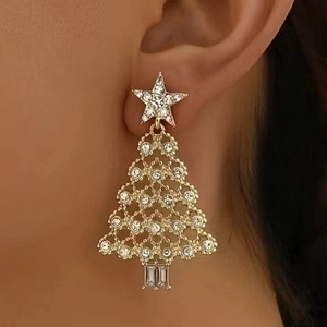 Close-up of golden Christmas tree earrings with rhinestones worn by a model