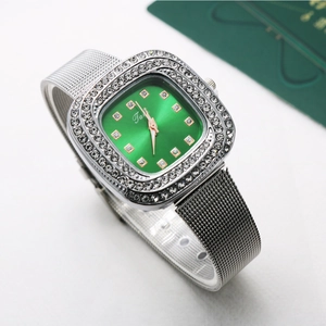 Detail of square green sunray dial with crystal bezel and silver mesh strap watch