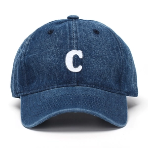 Dark blue denim baseball cap with white towel-embroidered C letter on a white background