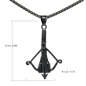 Retro black stainless steel crossbow pendant necklace for men, 53mm width and 9.5g weight