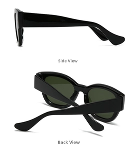 Side and back view of trendy oval marble-patterned sunglasses with glossy black frames