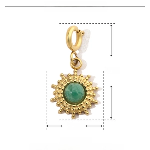 Detail view of sunflower pendant with green natural stone and 19mm size measurements