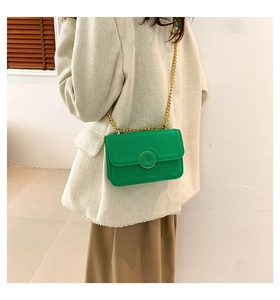Detail of green small shoulder bag featuring a gold chain strap and metal buckle