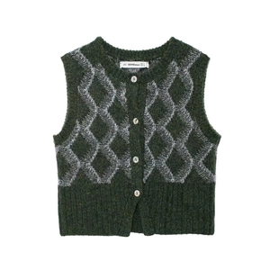 Gilet Sans Manches En Tricot Vintage Argyle Pour Femmes Cardigan Boutonné Col Rond Rétro