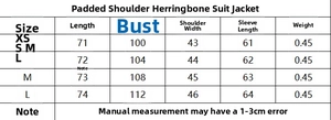 Size chart for herringbone blazer with shoulder pads including length and chest measurements