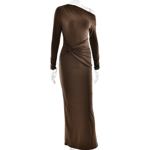 Detail of glittery coffee brown off-shoulder maxi dress with ruched waist and long sleeves