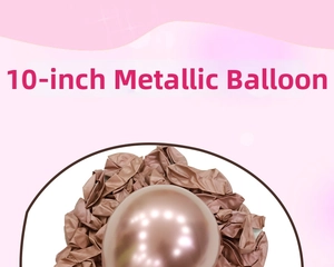 Close-up of 10-inch metallic rose gold latex balloons inflated and in bulk stack