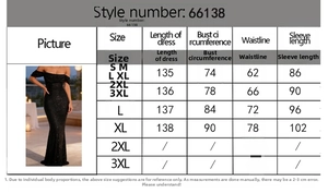 Tableau des tailles pour robe à paillettes 66138, mesures de longueur, buste et taille