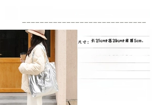 Detailed dimensions of silver nylon tote bag showing 35x39x5cm size and internal pockets