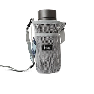 Grey mesh insulated water bottle sleeve with adjustable strap and drawstring closure