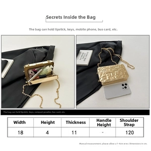 Detailed size chart for the gold evening clutch bag with dimensions and capacity display